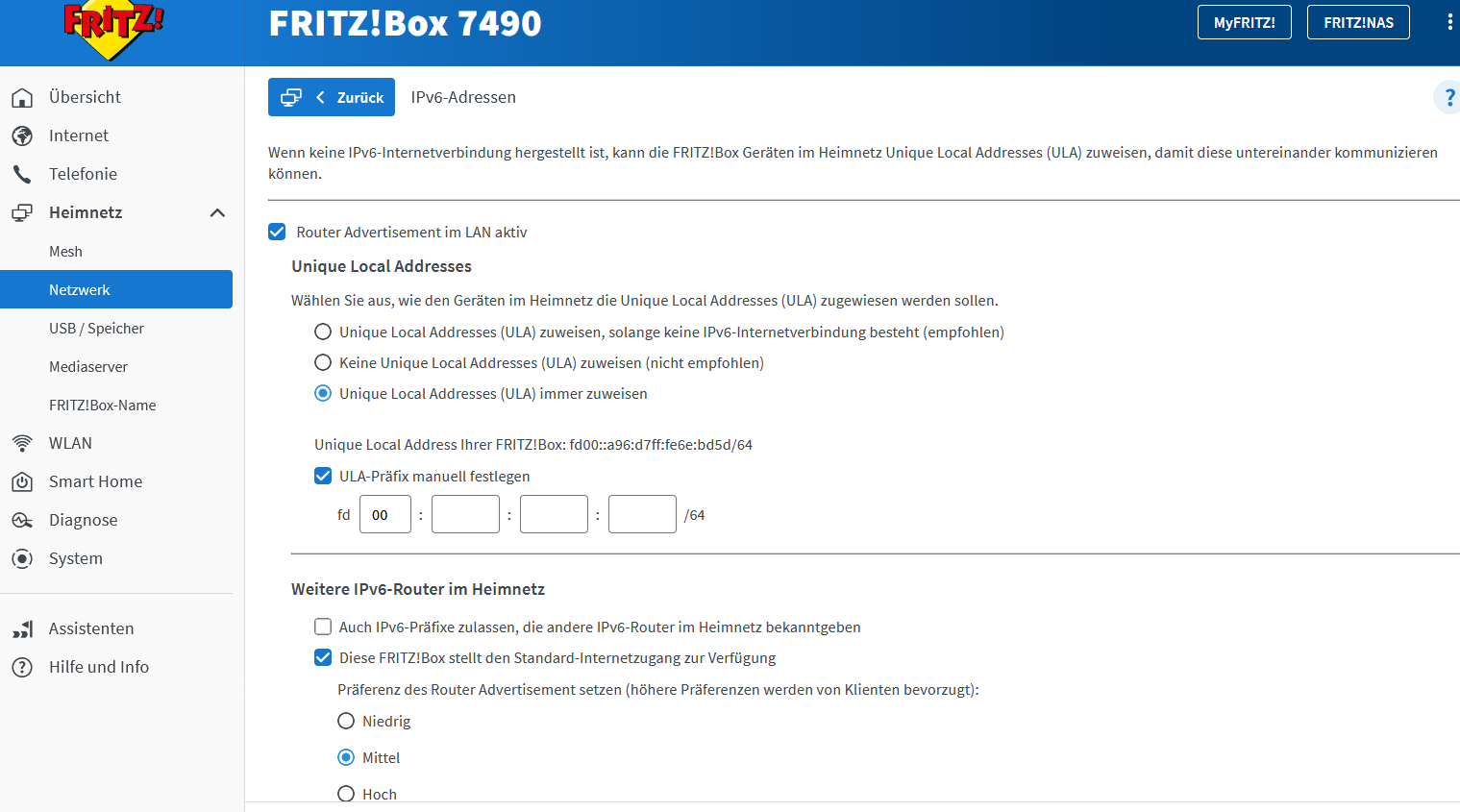 IPv6-Konfiguration in Fritzbox