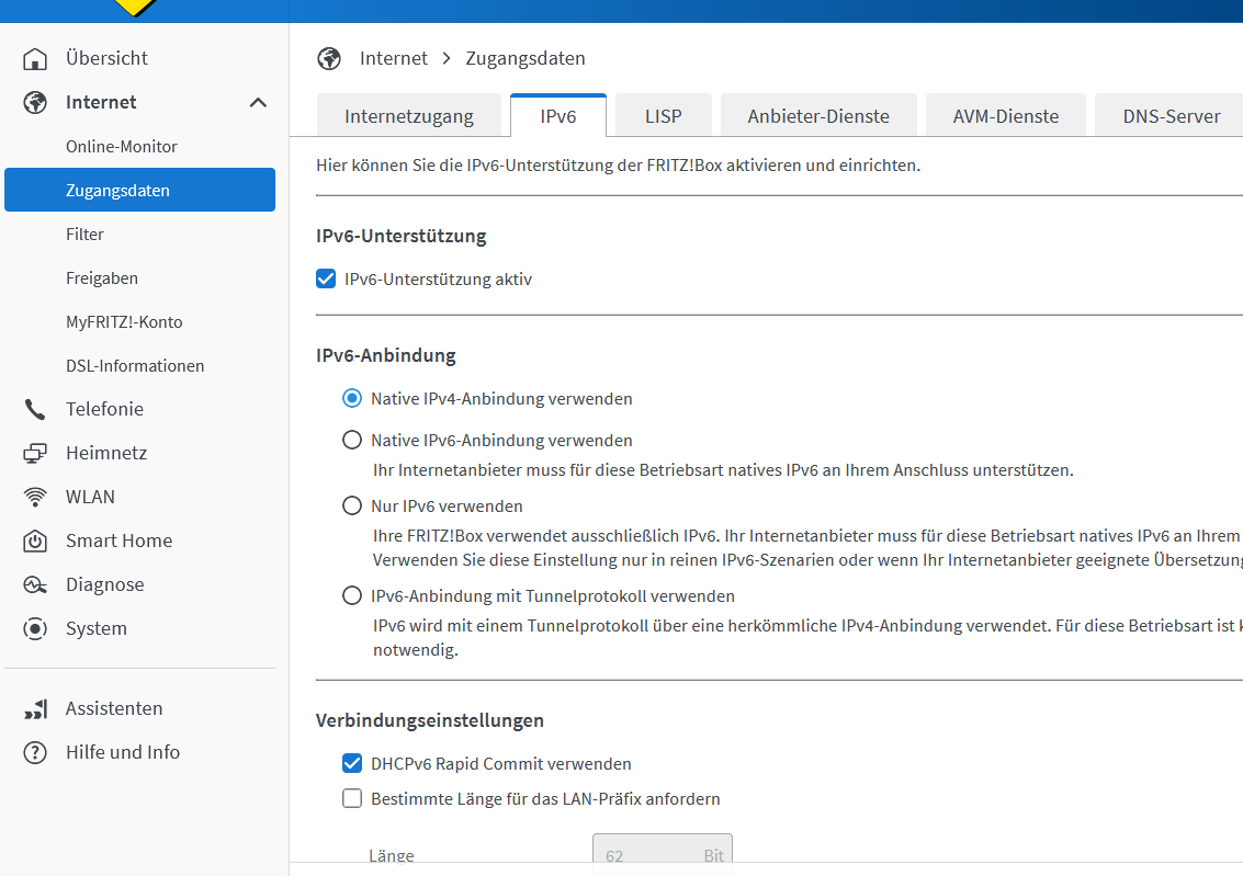 IPv6-Unterstüzung in Fritzbox